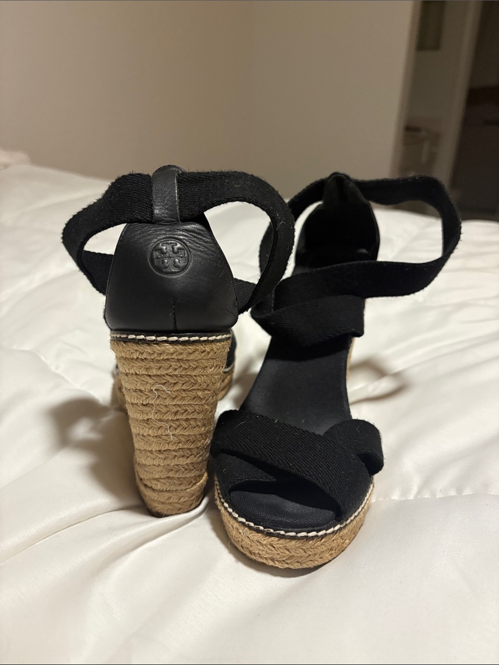 Tory Burch Black Canvas Espadrille Wedge Sandals